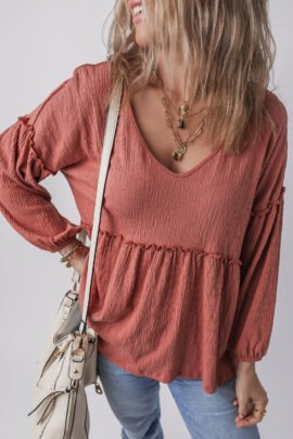 Mineral Red Solid Color Textured Frilled Trim V Neck Puff Sleeve Blouse Mineral Red Solid Color Textured Frilled Trim V Neck Puff Sleeve Blouse - Image 6
