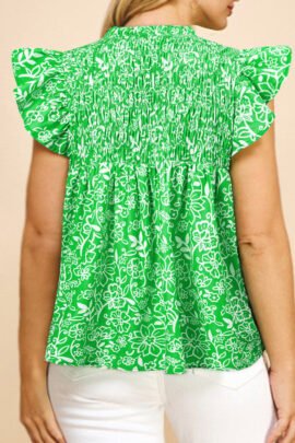 Green Floral Flutter Sleeve Shirred Notched Neck Plus Size Blouse Green Floral Flutter Sleeve Shirred Notched Neck Plus Size Blouse - Image 2
