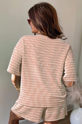 Rose Stripe Raised Rib Loose Tee Drawstring Elastic Waist 2pcs Short Set Rose Stripe Raised Rib Loose Tee Drawstring Elastic Waist 2pcs Short Set - Image 5