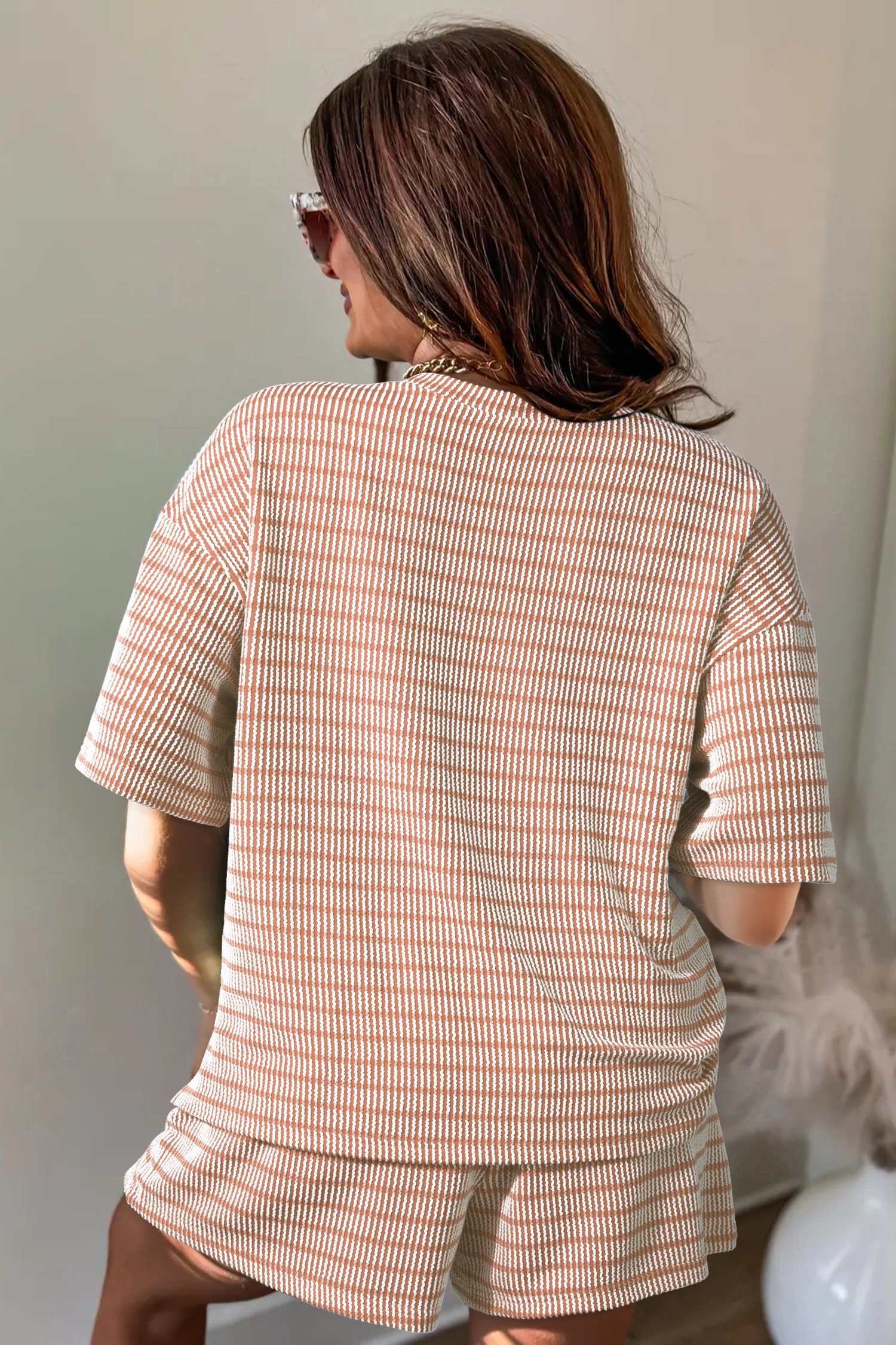 Rose Stripe Raised Rib Loose Tee Drawstring Elastic Waist 2pcs Short Set Rose Stripe Raised Rib Loose Tee Drawstring Elastic Waist 2pcs Short Set - Image 5