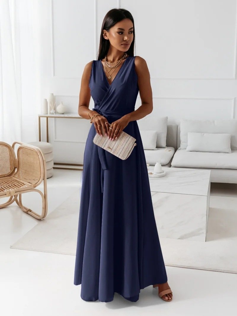 V-neck Sleeveless Dress With Belt Summer Fashion Party Club Evening Maxi Dresses For Women Clothing V-neck Sleeveless Dress With Belt Summer Fashion Party Club Evening Maxi Dresses For Women Clothing - Image 3