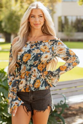 Blue Floral Off Shoulder Bell Sleeve Smocked Peplum Top - Image 4