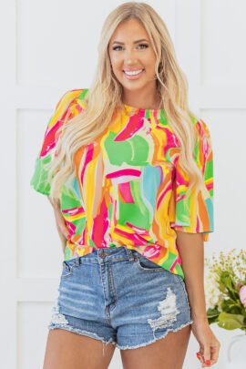 Multicolour Abstract Print Keyhole Back Pleated Half Sleeve Blouse Multicolour Abstract Print Keyhole Back Pleated Half Sleeve Blouse - Image 5
