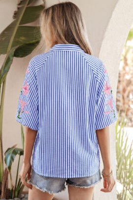 Sky Blue Stripe Lily Floral Embroidered Puff Sleeve Button Down Shirt Sky Blue Stripe Lily Floral Embroidered Puff Sleeve Button Down Shirt - Image 2