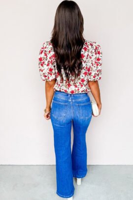 Red Floral Print Short Puff Sleeve Button Front Shirt Red Floral Print Short Puff Sleeve Button Front Shirt - Image 2
