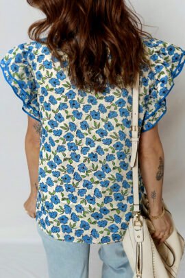 Sky Blue Tiered Flutter Sleeve Pleated Flower Blouse Sky Blue Tiered Flutter Sleeve Pleated Flower Blouse - Image 2