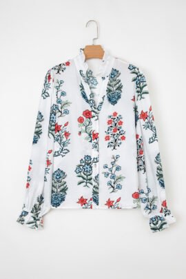 White Floral Print Frilled Collar V Neck Button Down Long Sleeve Shirt White Floral Print Frilled Collar V Neck Button Down Long Sleeve Shirt - Image 3