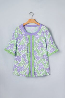 Rose Floral Print Ruffled Color Block Trim Half Sleeve Blouse - Image 9