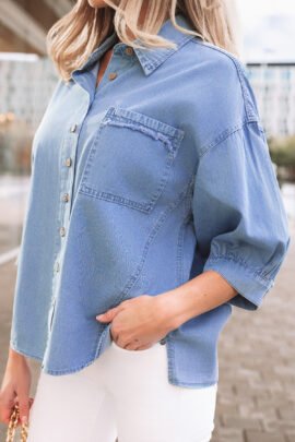 Myosotis Washed Drop Shoulder Bracelet Sleeve Chambray Shirt Myosotis Washed Drop Shoulder Bracelet Sleeve Chambray Shirt - Image 3