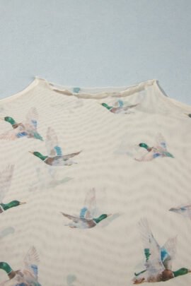 Beige Mesh Duck Print Tunic Long Sleeve Plus Size Blouse Beige Mesh Duck Print Tunic Long Sleeve Plus Size Blouse - Image 10
