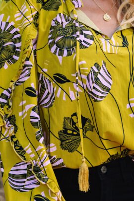 Yellow Vintage Floral V Neck Ruffle Trim Long Sleeve Blouse - Image 8