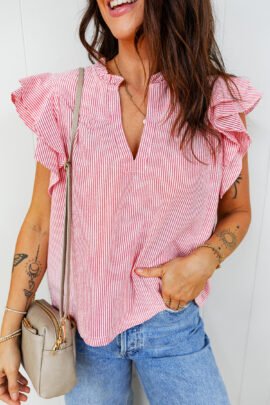 Red Stripe Frilly Split Neck Double Ruffled Short Sleeve Blouse - Image 4