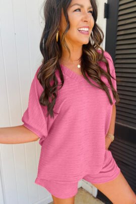 Orange Textured V Neck T Shirt and Shorts Set Orange Textured V Neck T Shirt and Shorts Set - Image 5
