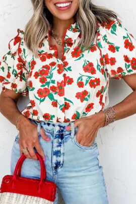Red Floral Print Ruffled Puff Sleeve Elegant Summer Shirt Red Floral Print Ruffled Puff Sleeve Elegant Summer Shirt - Image 8