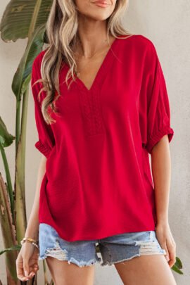 Racing Red Braided Trim V Neck Half Sleeve Blouse Racing Red Braided Trim V Neck Half Sleeve Blouse - Image 6
