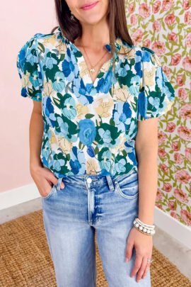 Sky Blue Floral Print Short Puff Sleeve V Neck Blouse Sky Blue Floral Print Short Puff Sleeve V Neck Blouse - Image 8