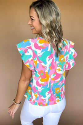 Multicolour Abstract Print Notched Neck Flutter Sleeve Blouse - Image 2