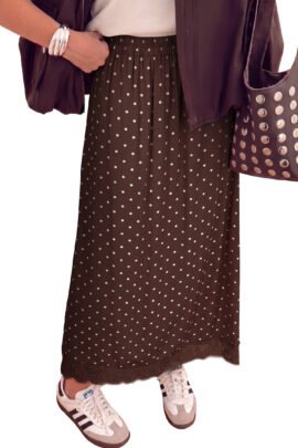 Brown Polka Dot Lace Hem Elegant Long Shift Skirt - Image 4
