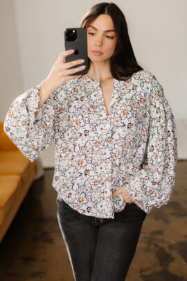 Khaki Bold Floral Print Frilled Puff Sleeve Button Down Shirt - Image 6