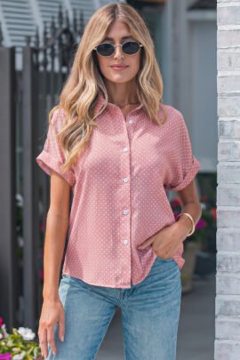 Khaki Dotted Print Cuffed Short Sleeve Shirt Khaki Dotted Print Cuffed Short Sleeve Shirt - Image 4