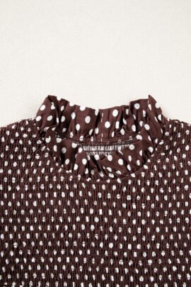 Brown Polka Dot Ruffled High Neck Shirred Ruffle Hem Blouse Brown Polka Dot Ruffled High Neck Shirred Ruffle Hem Blouse - Image 7
