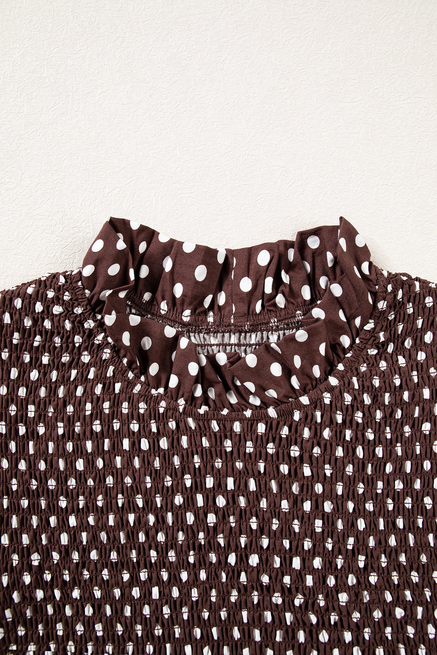 Brown Polka Dot Ruffled High Neck Shirred Ruffle Hem Blouse Brown Polka Dot Ruffled High Neck Shirred Ruffle Hem Blouse - Image 7