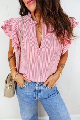 Red Stripe Frilly Split Neck Double Ruffled Short Sleeve Blouse