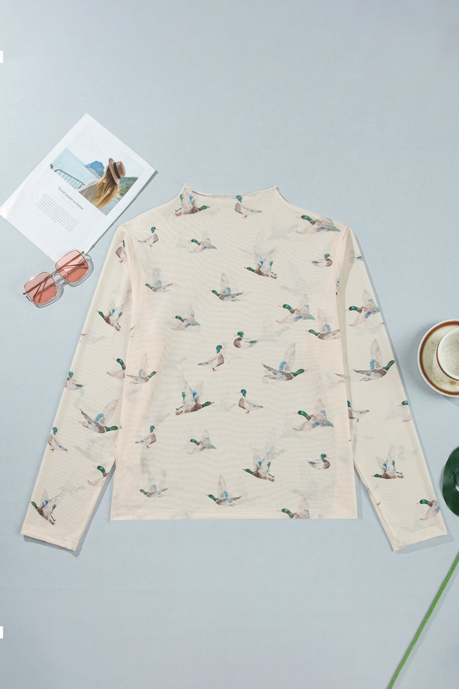Beige Mesh Duck Print Tunic Long Sleeve Plus Size Blouse Beige Mesh Duck Print Tunic Long Sleeve Plus Size Blouse - Image 5
