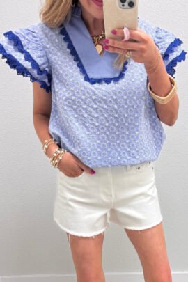 Pink Eyelet Embroidered Flower Texture Contrast Lace Trim Flutter Sleeve Blouse Pink Eyelet Embroidered Flower Texture Contrast Lace Trim Flutter Sleeve Blouse - Image 6