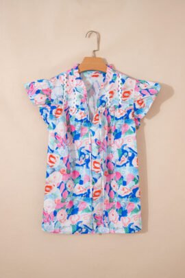 Pink Floral Print Tie V Neck Contrast Detail Ruffle Short Sleeve Blouse Pink Floral Print Tie V Neck Contrast Detail Ruffle Short Sleeve Blouse - Image 4