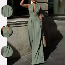 New Summer Women's Outfit, Cross-Border European And American Jumpsuit, Fashionable Commuter Solid Color Loose Wide-Leg Jumpsuit