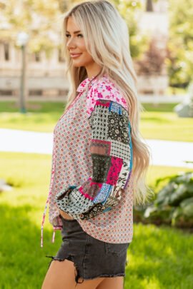 Pink Boho Mixed Floral Drop Shoulder Bubble Sleeve Blouse Pink Boho Mixed Floral Drop Shoulder Bubble Sleeve Blouse - Image 3