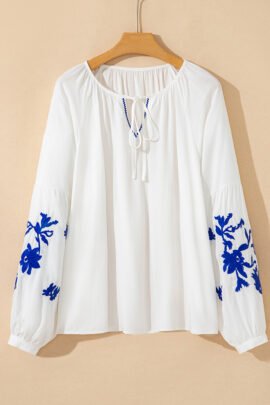 White Floral Embroidered Drawstring V Neck Blouse White Floral Embroidered Drawstring V Neck Blouse - Image 4