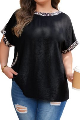 Black Plus Size Leopard Patchwork Round Neck Loose Tee Black Plus Size Leopard Patchwork Round Neck Loose Tee - Image 8