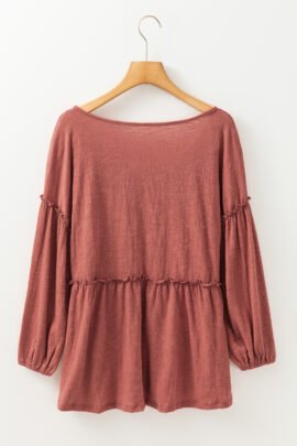 Mineral Red Solid Color Textured Frilled Trim V Neck Puff Sleeve Blouse Mineral Red Solid Color Textured Frilled Trim V Neck Puff Sleeve Blouse - Image 8