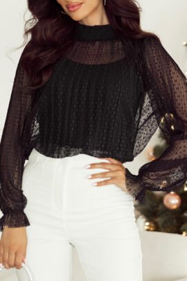 Black Dotty Lace Sheer Mock Neck Long Sleeve Blouse Black Dotty Lace Sheer Mock Neck Long Sleeve Blouse - Image 6