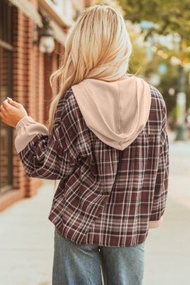 Brown Plaid Patchwork Long Sleeve Button Hooded Blouse Brown Plaid Patchwork Long Sleeve Button Hooded Blouse - Image 2