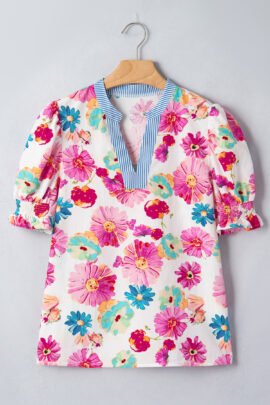 Beige Floral Print Short Puff Sleeve Striped Trim V Neck Blouse Beige Floral Print Short Puff Sleeve Striped Trim V Neck Blouse - Image 3