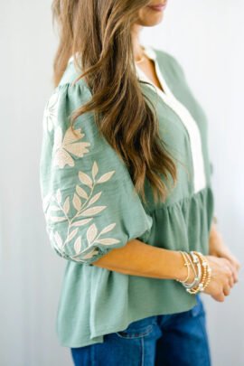 Smoke Green Color Block Patchwork V Neck Embroidered Puff Sleeve Babydoll Blouse Smoke Green Color Block Patchwork V Neck Embroidered Puff Sleeve Babydoll Blouse - Image 2