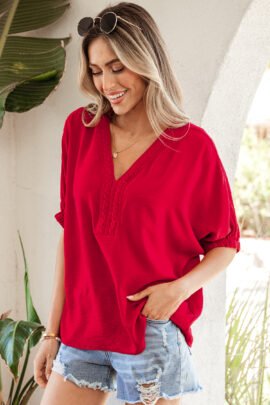 Racing Red Braided Trim V Neck Half Sleeve Blouse Racing Red Braided Trim V Neck Half Sleeve Blouse - Image 3
