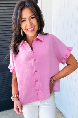 Bonbon Mineral Wash Textured Ruffle Trim Short Sleeve Shirt Bonbon Mineral Wash Textured Ruffle Trim Short Sleeve Shirt - Image 3