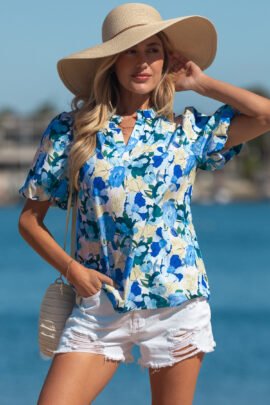 Sky Blue Floral Print Short Puff Sleeve V Neck Blouse Sky Blue Floral Print Short Puff Sleeve V Neck Blouse - Image 4