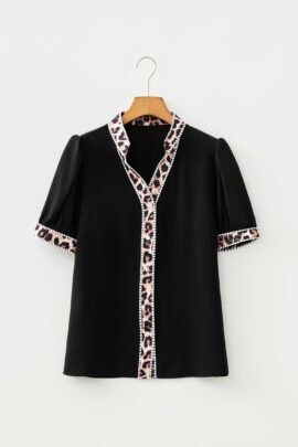Black V Neck Short Puff Sleeve Contrast Striped Leopard Trim Button Down Shirt Black V Neck Short Puff Sleeve Contrast Striped Leopard Trim Button Down Shirt - Image 8