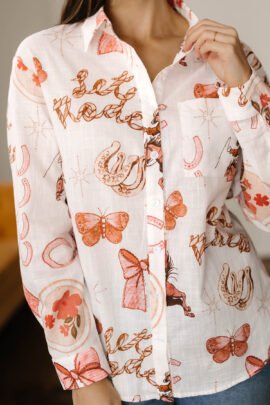 White Rodeo Cowgirl Print Western Button up Shirt - Image 8