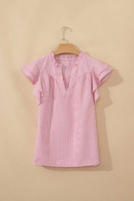 Red Stripe Frilly Split Neck Double Ruffled Short Sleeve Blouse - Image 8