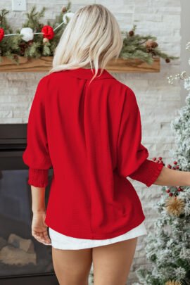 Fiery Red V Neck Collared Shirred 3/4 Sleeve Oversized Tunic Top Fiery Red V Neck Collared Shirred 3/4 Sleeve Oversized Tunic Top - Image 2