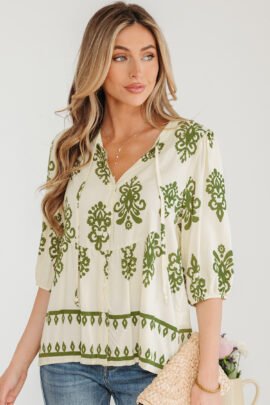 Apricot Floral Print Tie V Neck Button Down Puffy Half Sleeve Shirt - Image 4