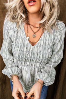 Blue Stripe V Neck Shirred Long Sleeve Blouse - Image 5