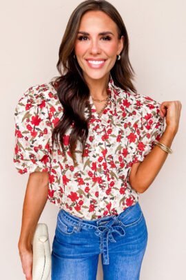 Red Floral Print Short Puff Sleeve Button Front Shirt Red Floral Print Short Puff Sleeve Button Front Shirt - Image 4