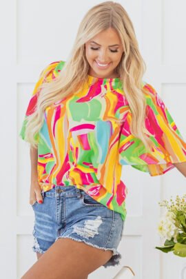 Multicolour Abstract Print Keyhole Back Pleated Half Sleeve Blouse Multicolour Abstract Print Keyhole Back Pleated Half Sleeve Blouse - Image 7